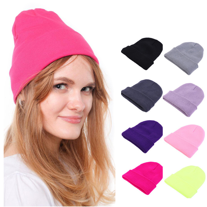 Beanie Cuffed Knit - Gorro de malha de cor sólida,